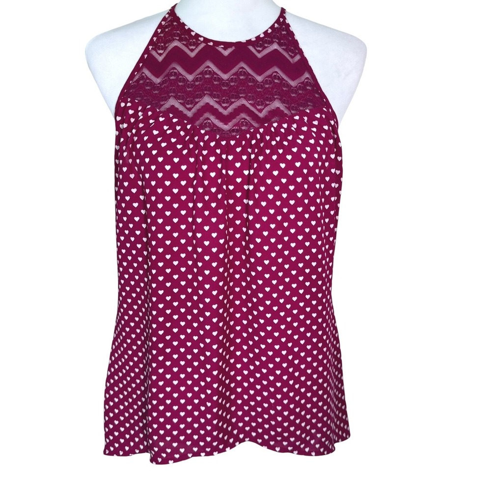 CANDIE'S Women's Medium Burgundy White Heart Print Lace Halter Top Sleeveless